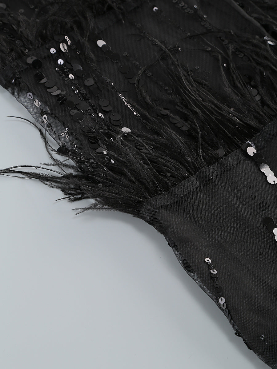 Paloma Black Strapless Sequin Feather Midi Dress