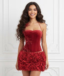 Alira Velvet Lace Up Corset Floral Ruffle Mini Skirt Set