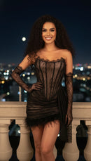 Sachi Strapless Lace Corset Draped Feather Trim Mini Dress with Matching Gloves