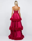 Bryn Strapless Sweetheart Neck Corset Satin Tiered Ruffle HiLow Gown