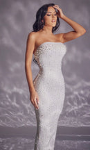 Maryn Rhinestone and Pearl Strapless Midi Dress