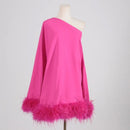 Kennedy One Shoulder Cape Dress with Ostrich Feather Trim