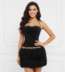 Alira Velvet Lace Up Corset Floral Ruffle Mini Skirt Set