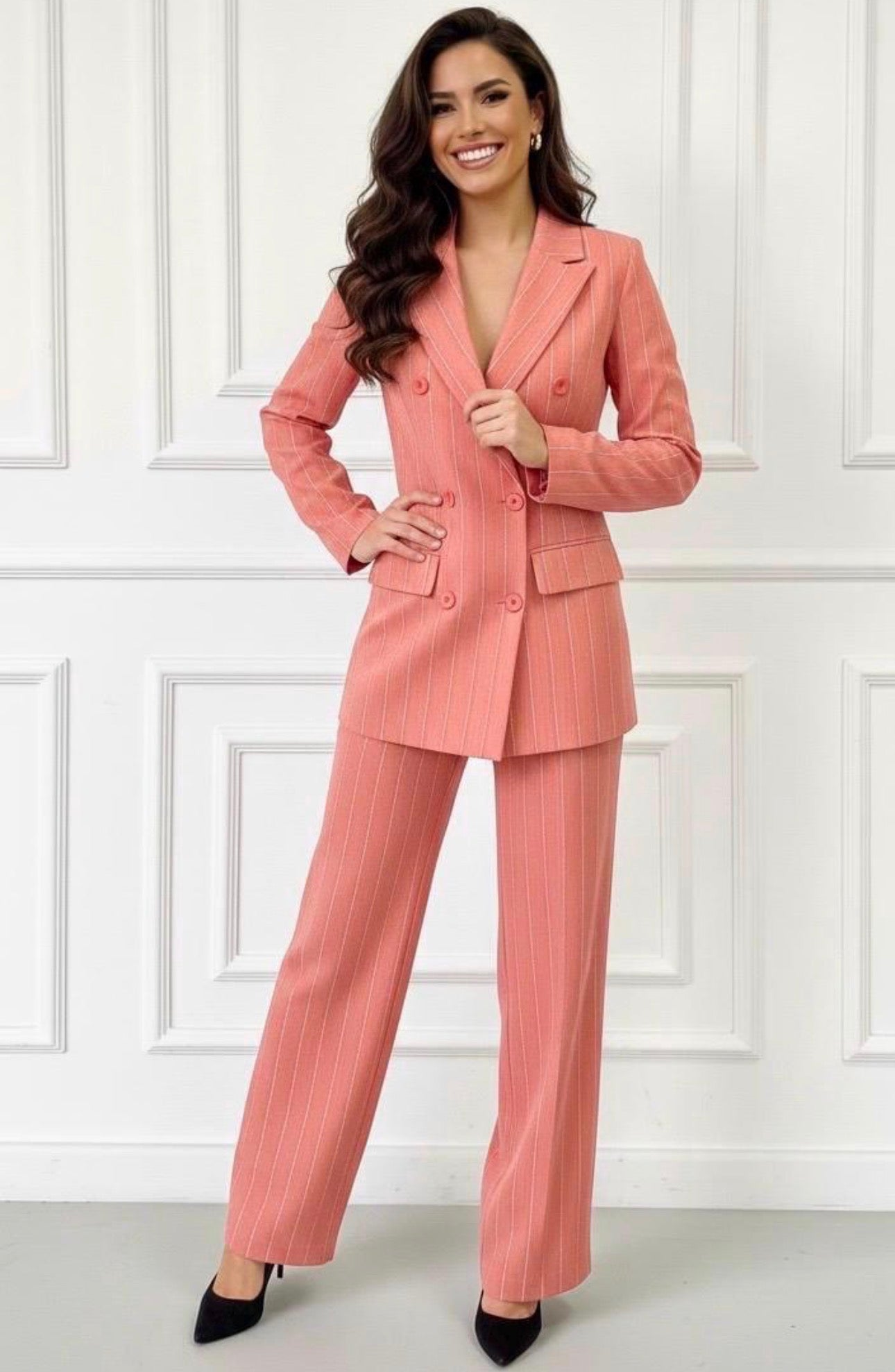 Lita Salmon Rhinestone Pinstripe Blazer and Pant Set