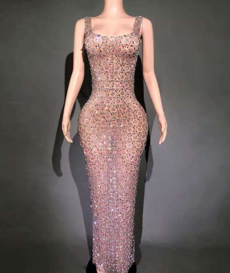 Adora Crystal Rhinestone Embellished Mesh Maxi Dress