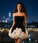 Julane Black Strapless Velvet Corset ALine Mini with White Satin 3D Flower Hem