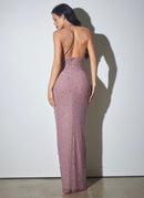Margeaux Glitter Pearl Rhinestone Embellished Halter High Slit Maxi Dress
