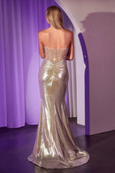 Jaylin Beaded Corset Bodice Gathered Metallic Satin High Slit Gown