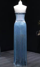 Marjan Blue Crystal Bead Embellished Corset Long Fringe Gown