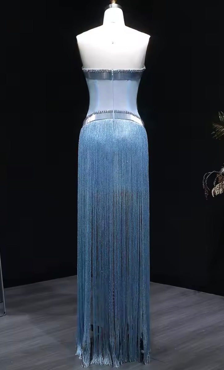 Marjan Blue Crystal Bead Embellished Corset Long Fringe Gown
