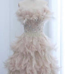 Fia Ivory Pink Strapless Beaded Corset Full Feather Gown