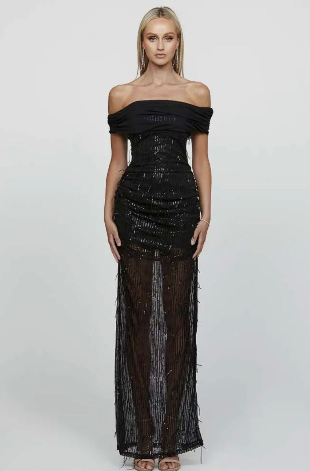 Krys Off Shoulder Sequin Fringe Maxi Dress