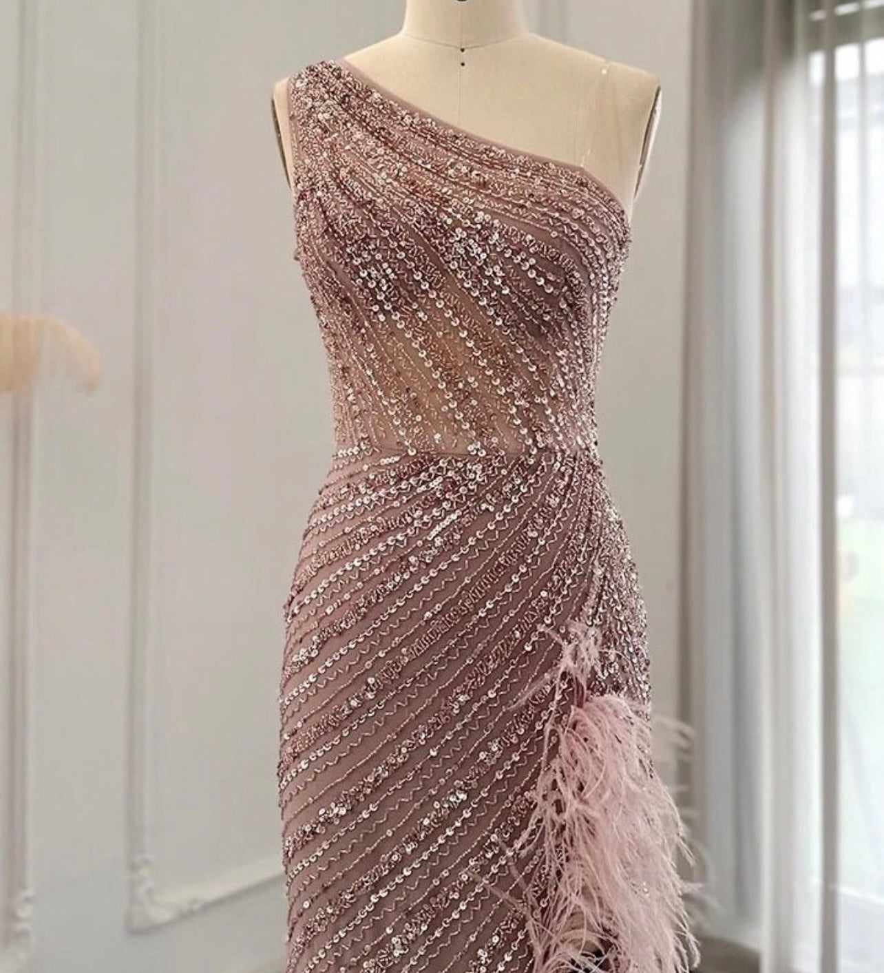 Vanina Blush One Shoulder Sequin Ostrich Feather Trim High Slit Gown