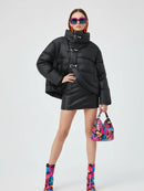 Aleda Statemenrt Black Buckle Scoop Front Cropped Puffer Coat