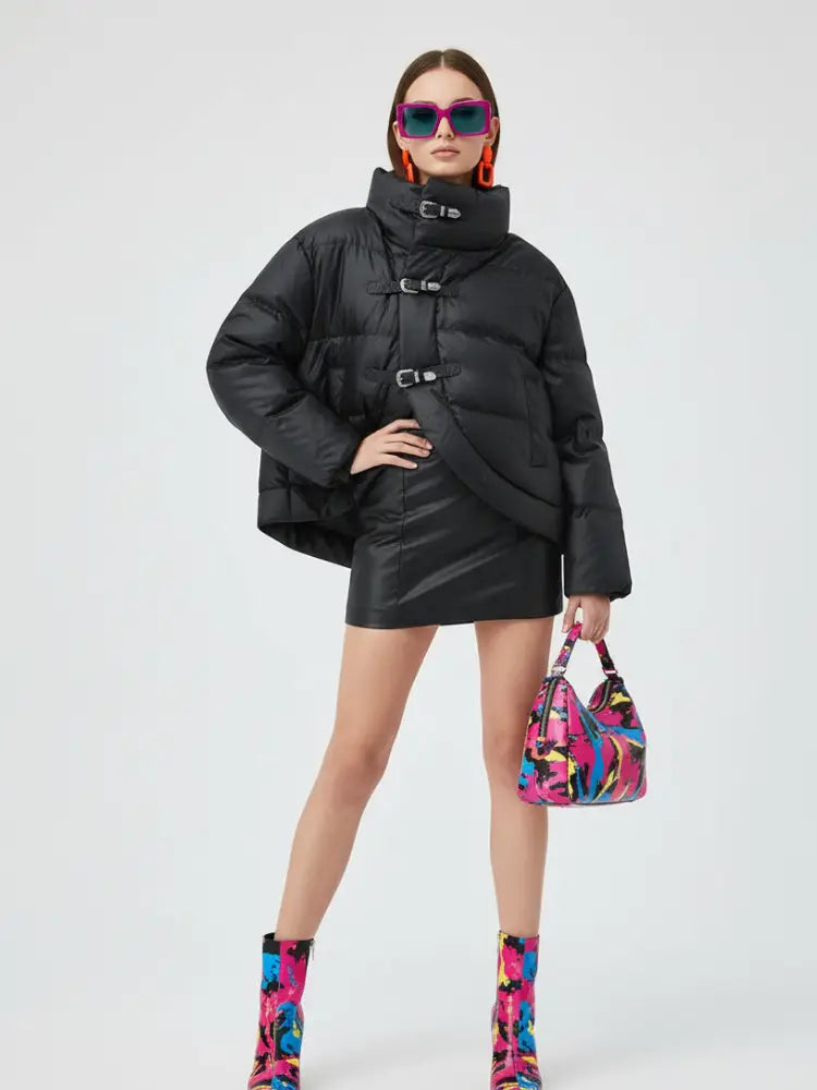 Aleda Statemenrt Black Buckle Scoop Front Cropped Puffer Coat