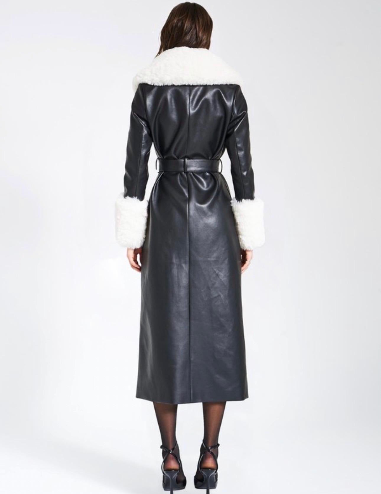 Nina Black Faux Leather Trench Coat with White Faux Fur Trim