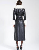 Nina Black Faux Leather Trench Coat with White Faux Fur Trim