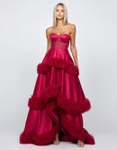 Bryn Strapless Sweetheart Neck Corset Satin Tiered Ruffle HiLow Gown