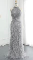 Felisa Bead and Feather Embellished Halter Gown