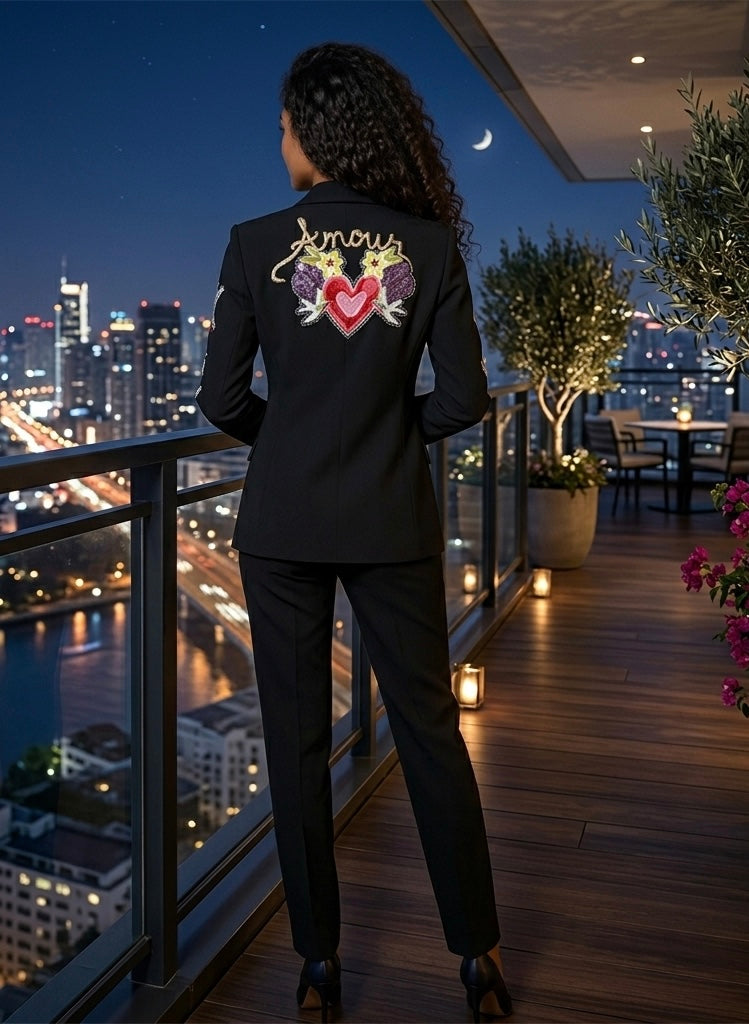 Roma Black Embroidered Graphic Blazer and Pant Suit