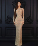 Sarala Nude Long Sleeve Rhinestone Embellished Maxi Gown