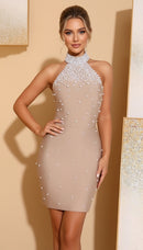 Samia Halter Pearl Embellished Bandage Mini Dress