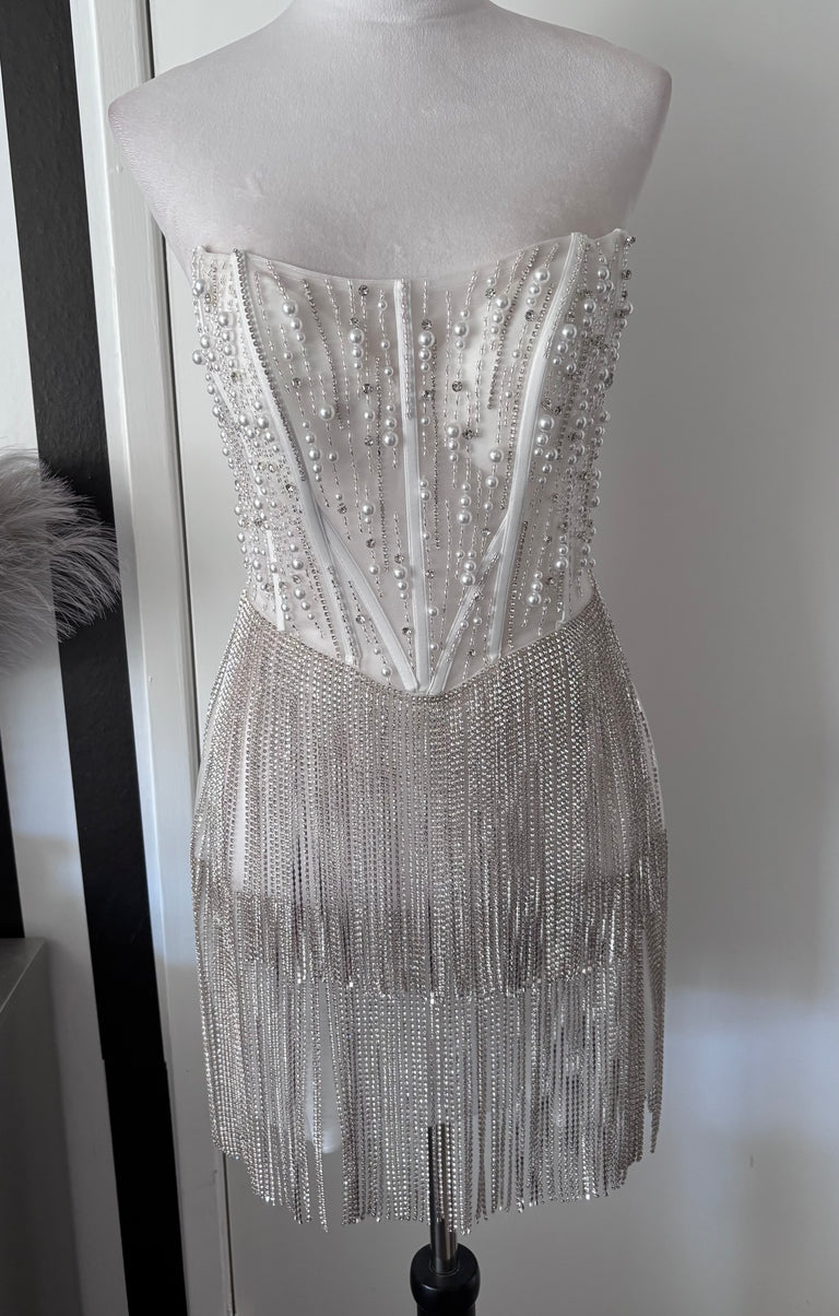 Layton Rhinestone Fringe and Pearl Embellished Mini Dress