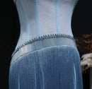 Marjan Blue Crystal Bead Embellished Corset Long Fringe Gown