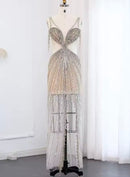 Jolie Off Shoulder Fringe Rhinestone Embellished Mesh Side Cutout Backless Gown