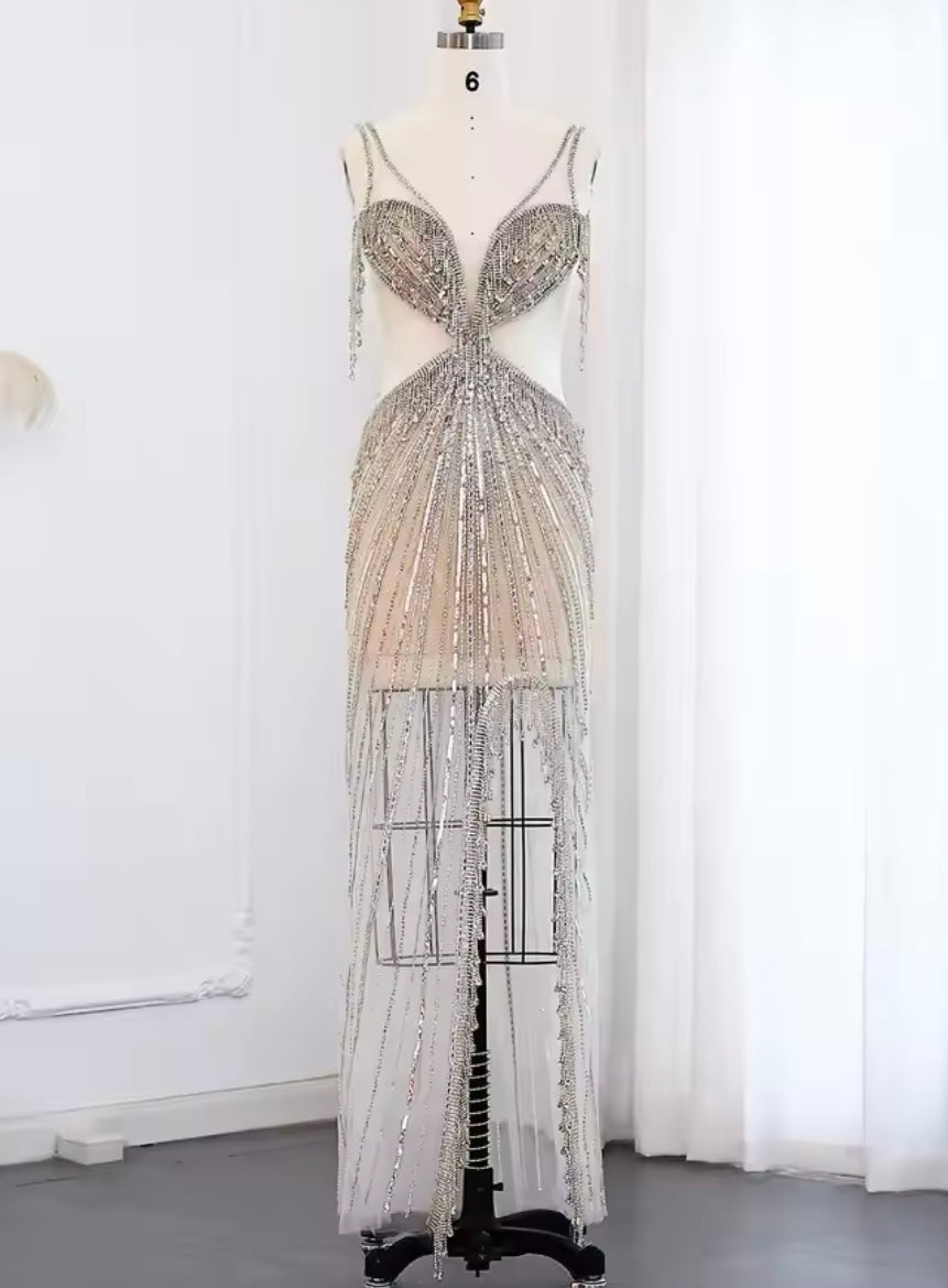 Jolie Off Shoulder Fringe Rhinestone Embellished Mesh Side Cutout Backless Gown