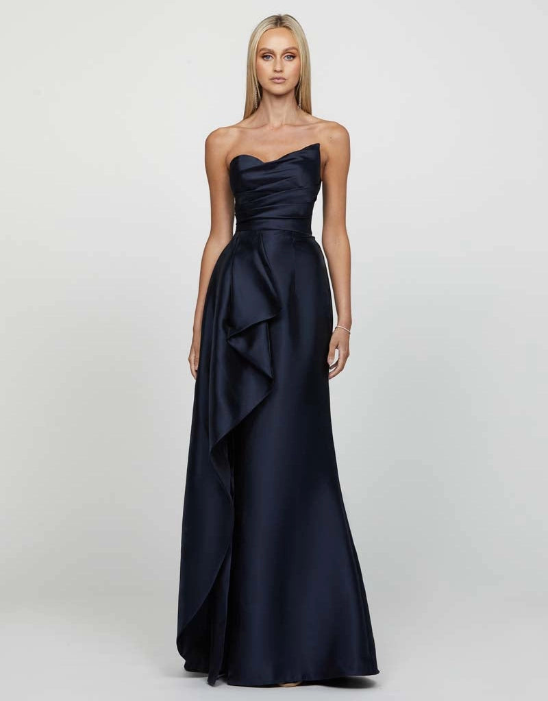 Layton Strapless Navy Pointed Bodice Gathered Draped Gown