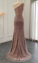 Vanina Blush One Shoulder Sequin Ostrich Feather Trim High Slit Gown