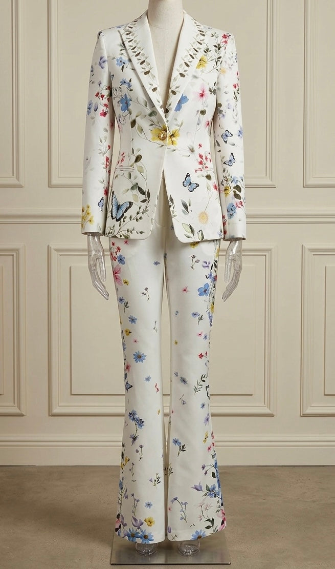 Chase White Floral and Butterfly Blazer and Pant Set