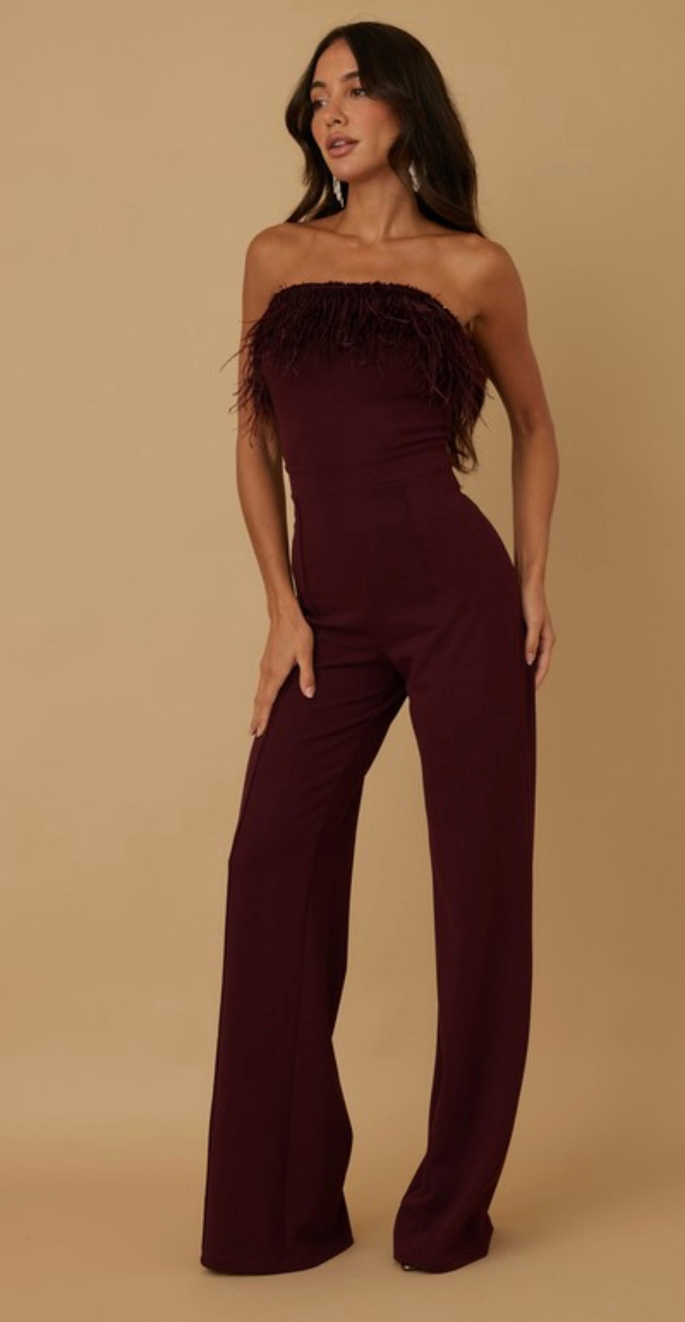 Everlynn Burgundy Strapless Feather Trim Wide Leg Jumpsuit