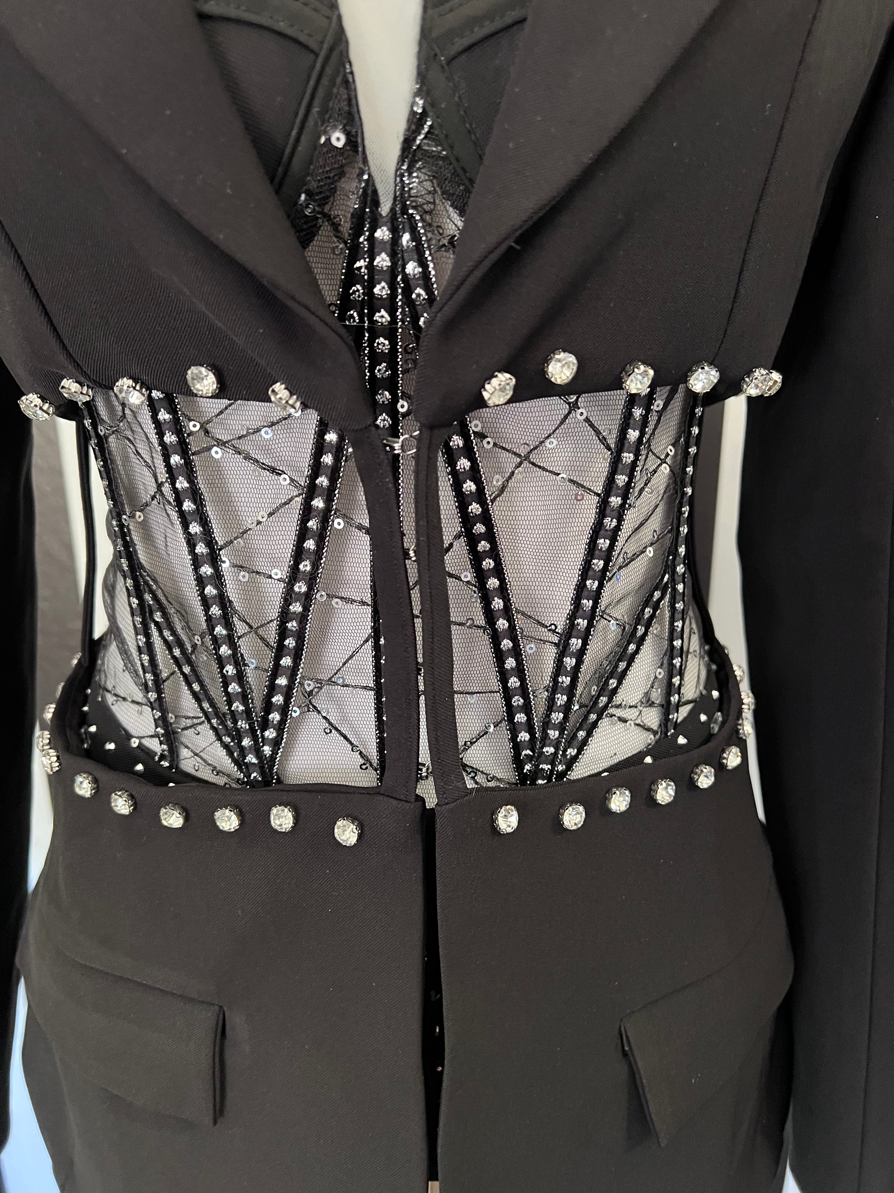 Teagan Strapless Sequin Crystal Embellished Mesh Corset Romper with Rhinestone Trim Cutout Blazer