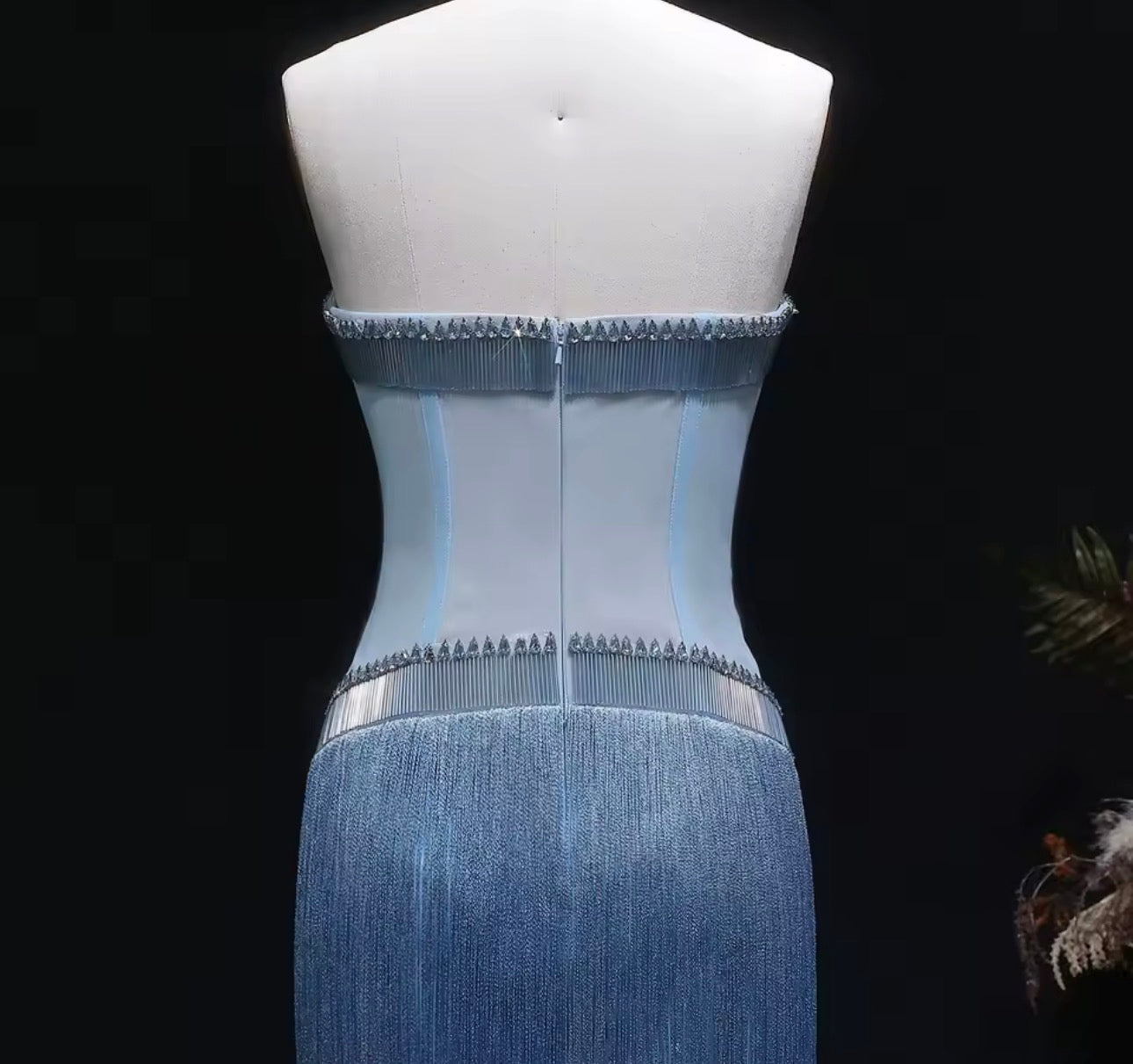 Marjan Blue Crystal Bead Embellished Corset Long Fringe Gown
