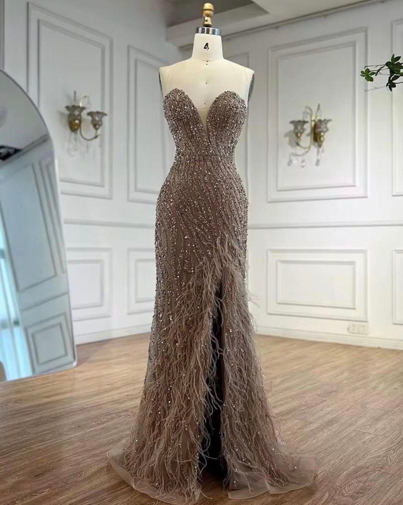 Mira Sleeveless Sweetheart Neckline Bead and Feather Embellished Side Slit Gown