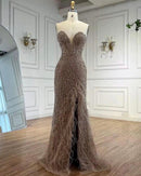 Mira Sleeveless Sweetheart Neckline Bead and Feather Embellished Side Slit Gown