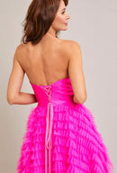 Kylie Hot Pink Pointed Corset Ruffled Tulle Mini Dress