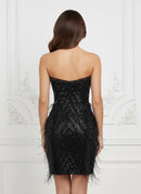 Marishka Black Strapless Sequin Bead and Feather Embellished Mini Dress