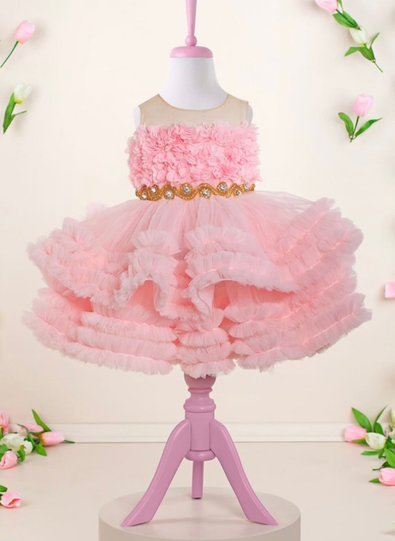 Emma Girls 3D Floral and Tulle Ruffle ALine Puff Mini Dress