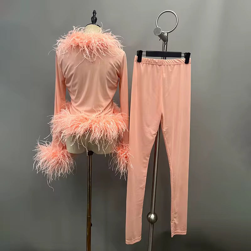 Nora Mesh Feather Bolero Cardigan and Mesh Pants Set