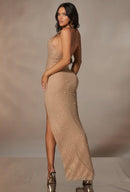 Margeaux Glitter Pearl Rhinestone Embellished Halter High Slit Maxi Dress