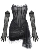 Sachi Strapless Lace Corset Draped Feather Trim Mini Dress with Matching Gloves