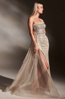 Nia Strapless Nude Beaded High Slit Tulle Side Embellished Sash Gown