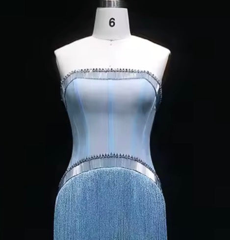 Marjan Blue Crystal Bead Embellished Corset Long Fringe Gown