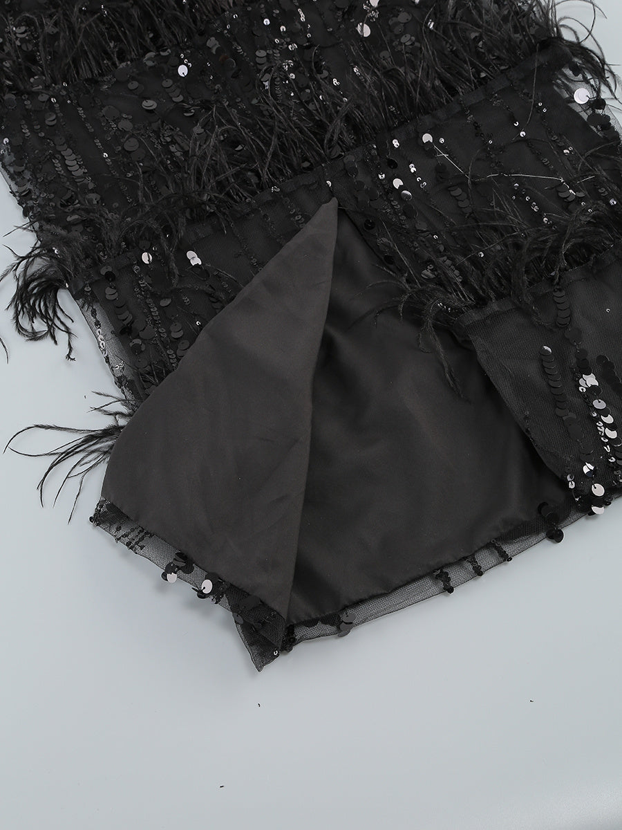 Paloma Black Strapless Sequin Feather Midi Dress