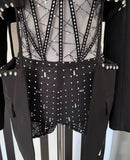 Teagan Strapless Sequin Crystal Embellished Mesh Corset Romper with Rhinestone Trim Cutout Blazer