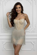 Leia Rhinestone Fringe and Pearl Embellished Mini Dress