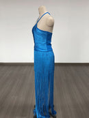 Mariah Blue Strappy Fringe Halter Crop Top and Fringe Maxi Skirt